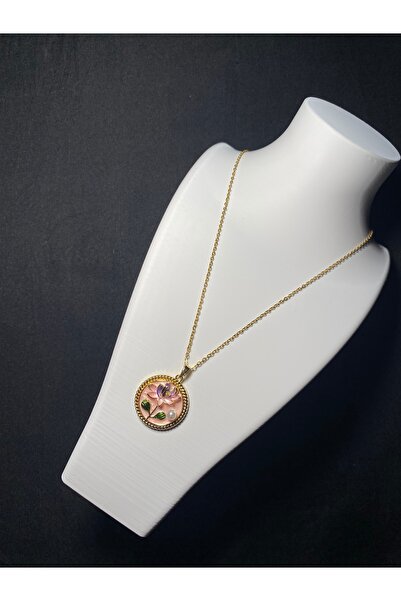 Store Çiçek ve inci detaylı tablo görünümlü Gold kolye