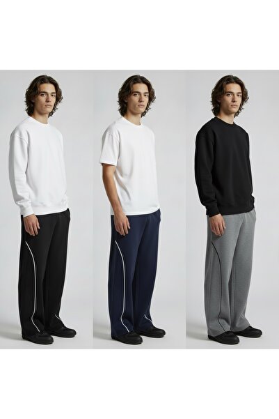 TKT Men's 3-Pack Piped Baggy Sweatpants 2 Drawstrings Comfortable Fit Wide Legs