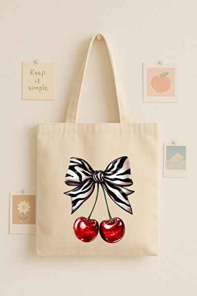 Maki Craft ZEBRA KURDELELİ KİRAZ DESENLİ BEZ ÇANTA TOTE BAG