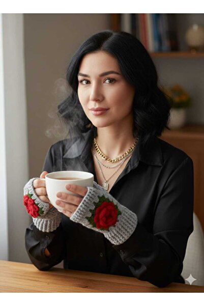 NEXT LİFE STORE Hand Knitted Fingerless Gloves with Rose Detail