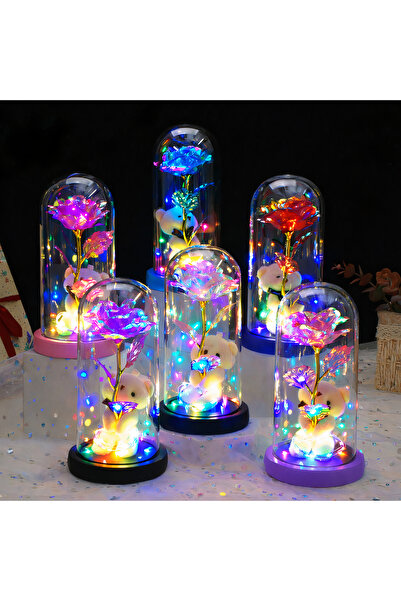 First Choice Crystal Rose 21 cm with Multicolor LED Light and Teddy Bear 10 cm in Plastic Dome