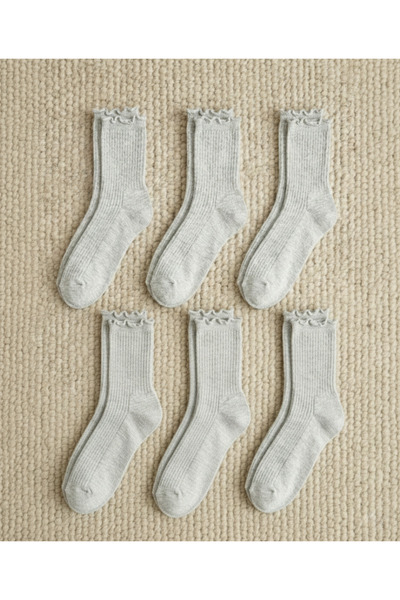 DRAV 6'lı Gri Renk, Fırfır Detaylı Düz Kadın Çorabı - (Dikişsiz)