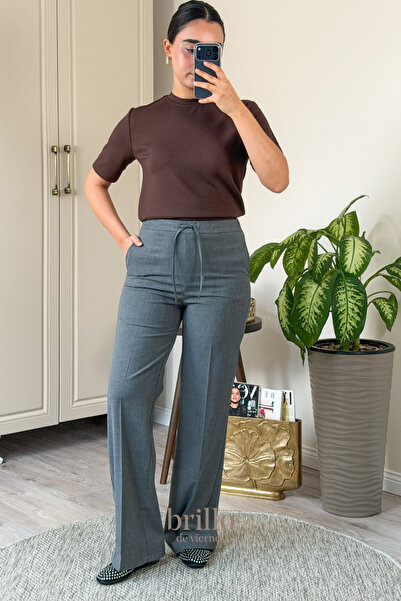 snow basic Wide Leg Elastic Waist Fabric Trousers