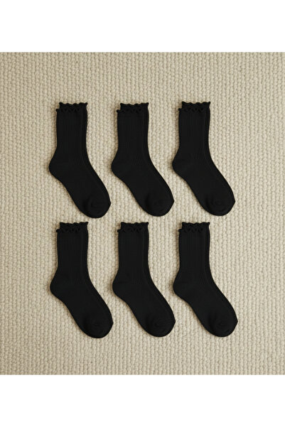 DRAV 6'lı Siyah Renk, Fırfır Detaylı Düz Kadın Çorabı - (Dikişsiz)