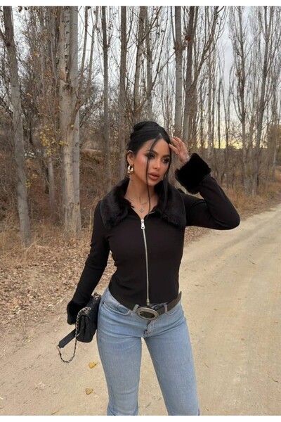 charme butik Women's Sleeves and Wrists Fur Detailed Zippered Slim Blouse