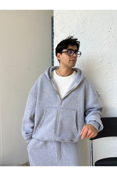 Zincirwear Gri Melanj Oversize Basic Zip Hoodie