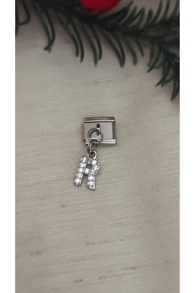 DİAVENTA TAKI VE AKSESUAR Steel Zircon Stone R Letter Charm – Italian Bracelet Compatible – 316L Shiny Steel