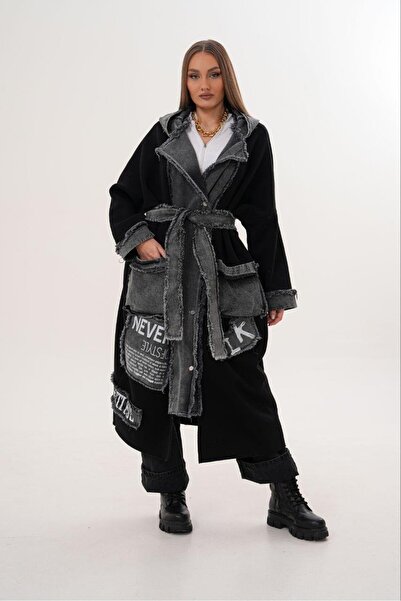 shE tekstil Design Jeans cu secțiuni Palton Negru