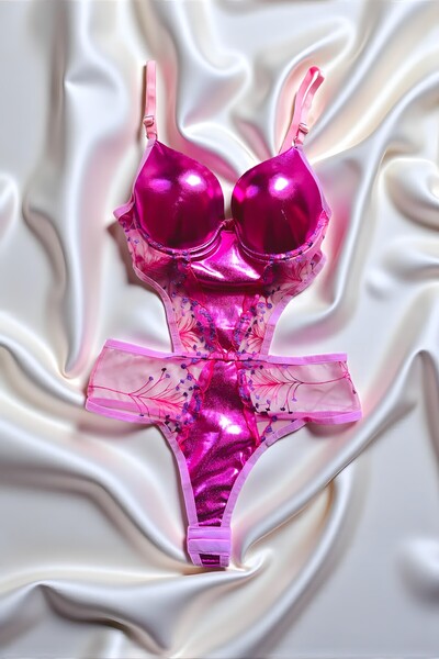 Luvensa Pembe Deri Görünümlü Dolgulu Çıtçıtlı Bodysuit Babydoll