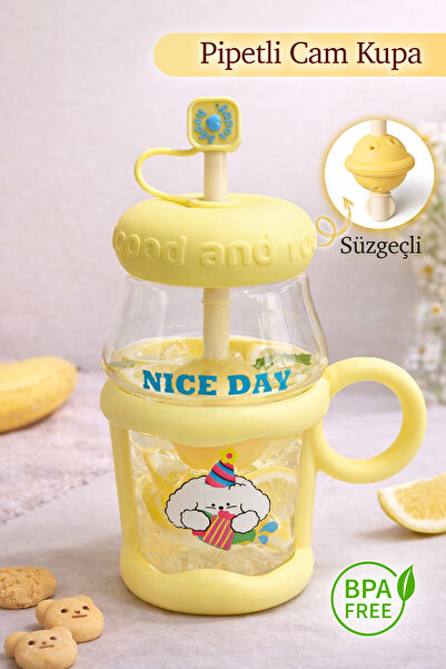 naturelove Pipetli Cam Kupa Bardak - Süzgeçli Borosilikat Detoks Matarası - Tasarım Kapaklı Suluk