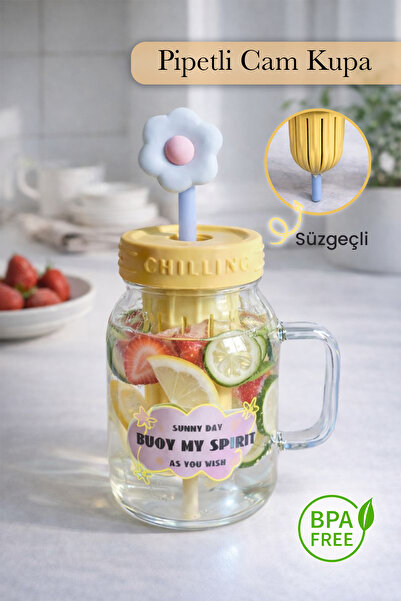 naturelove Pipetli Cam Kupa – Süzgeçli Borosilikat Detoks Bardağı Çiçekli Tas...