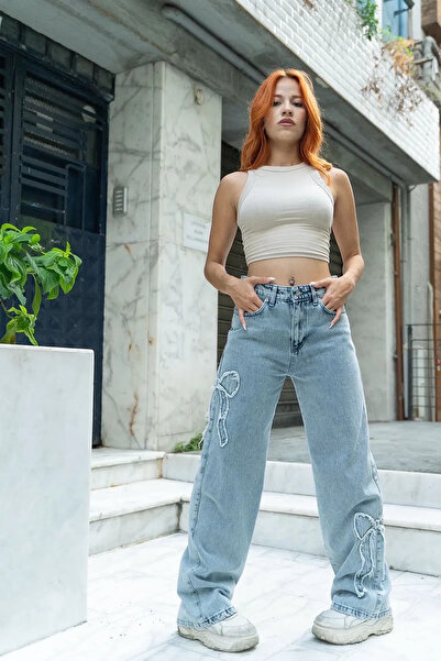 BALİNA Μπλε πλυμένο φαρδύ τζιν με κορδέλες