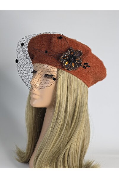 Senbeno Design TASARIM ŞAPKA VUALET VE TAŞLI 3D ÇİÇEK DETAYLI TARÇIN ANGORA D...