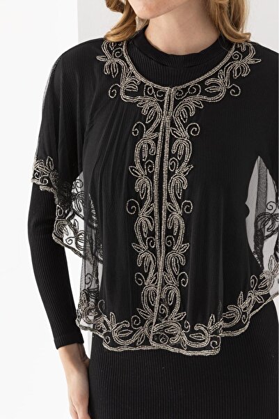 CROCUS DESIGN معطف من التول والدانتيل مطرز باللون الرمادي