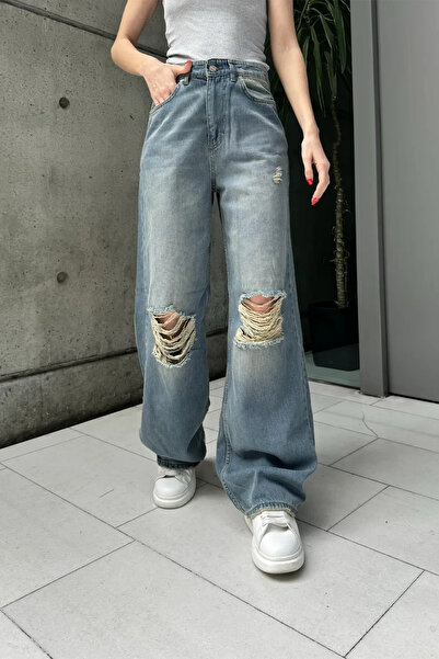 BALİNA Yırtık Detaylı Yıkama Efektli Baggy Açık Yeşil Tint-THE SOLO