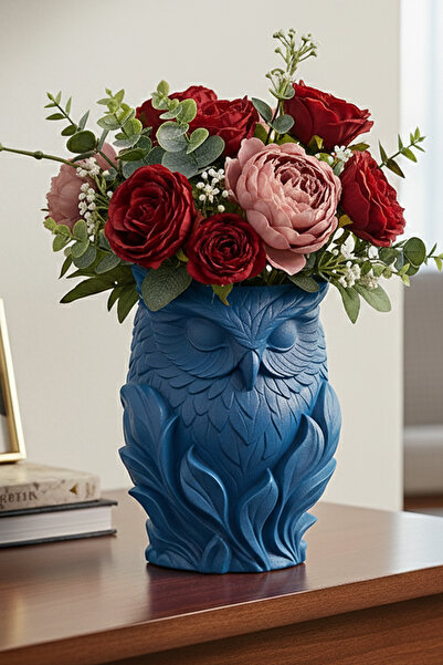 MEK Decorative Vase with Owl Motif Blue (16X11.5Cm)