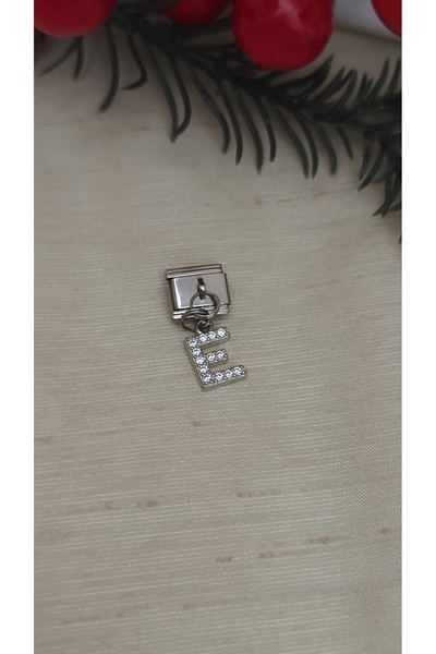 DİAVENTA TAKI VE AKSESUAR Steel Zircon Stone E Letter Charm – Italian Bracelet Compatible – 316L Shiny Steel