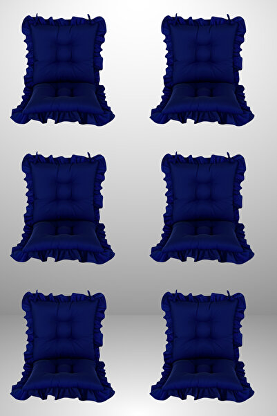 MİNDERHAN Backrested Fringed Chair Cushion (Set of 6) 45X45 cm Dark Blue Color