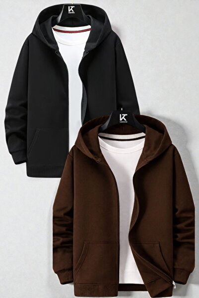 Karatopak 2'li Kapüşonlu Unisex Fermuarlı Sweatshirt / Hırka