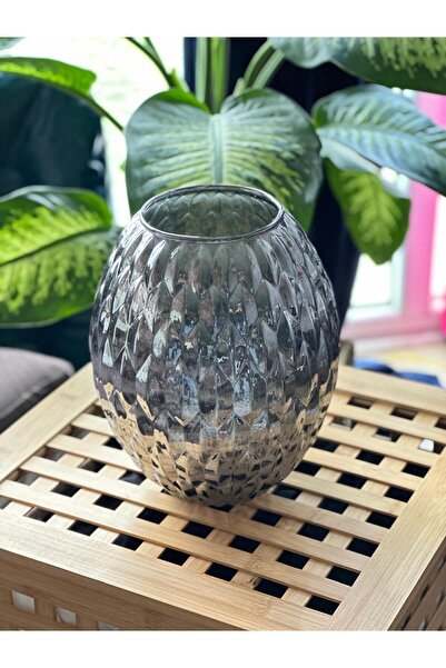 Kalya Concept Dekoratif Elmas Desenli Oval Cam Vazo Füme 18x28 cm - Modern Or...