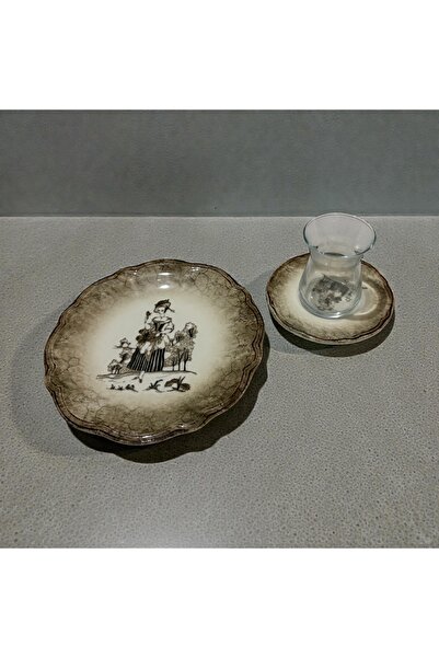 PORSER Ella Fulya Cake Set and Tea Set, Vintage Patterned Porcelain Cake and Tea Set 18 Pieces