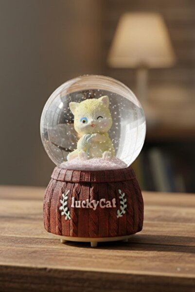Buffer ® Pilli Işıklı Müzikli Kar Küresi–Şanslı Kedi Figürlü Eğlenceli Masaüstü Biblo, LED Aydınlatma