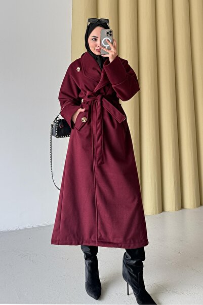 Rimel Moda Double-Breasted Model Coat Burgundy
