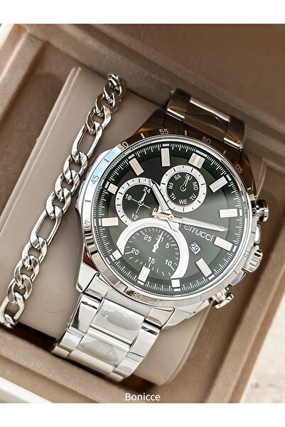 Ferrucci Green-Silver Steel Cord, Men's Wristwatch with Calendar (Gift for Lover) in Stylish Box + Chain Bracelet