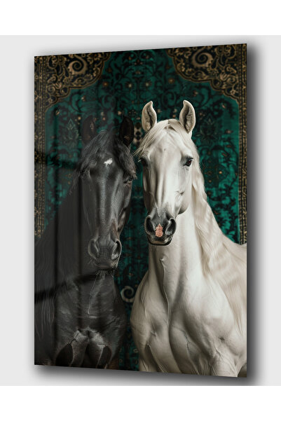 DEKA AKSESUAR SİYAH BEYAZ AT YEŞİL ARKA PLANLI CAM TABLO