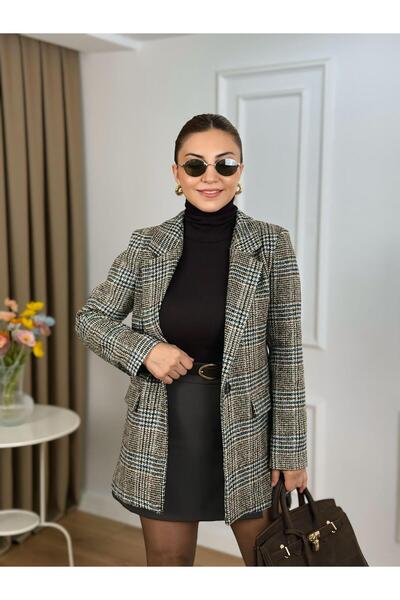 WOMKA Kadın Ekose Desenli Tek Düğme Blazer Ceket