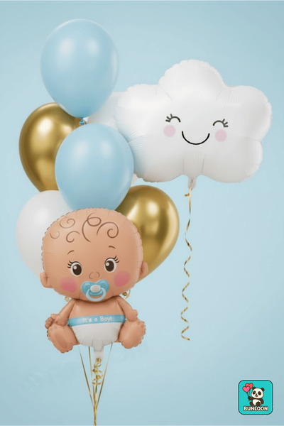 Bunloon Baby Boy Themed Foil Balloon Set with Cloud and Baby Figures