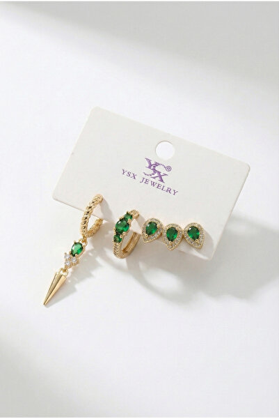 PRVT YSX 14K Altın Kaplama Zümrüt Yeşili Taşlı Küpe – Çelik, Kalp Detaylı, Za...