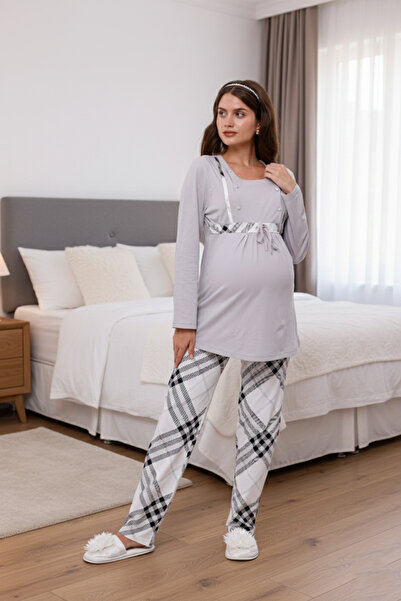 Yulem Homewear Gray Plaid Patterned Cotton Maternity Pajama Set with Breastfeeding Feature