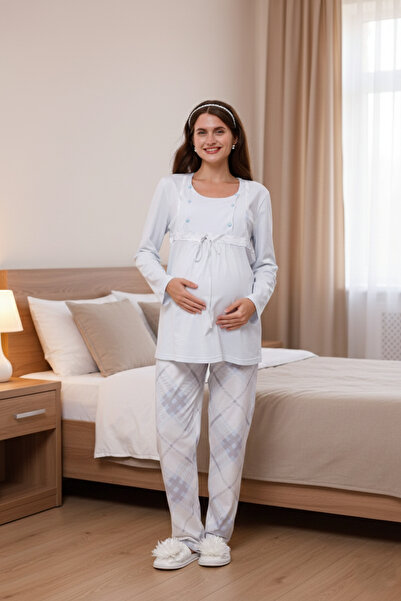Yulem Homewear Blue Plaid Patterned Cotton Maternity Pajama Set with Breastfeeding Feature