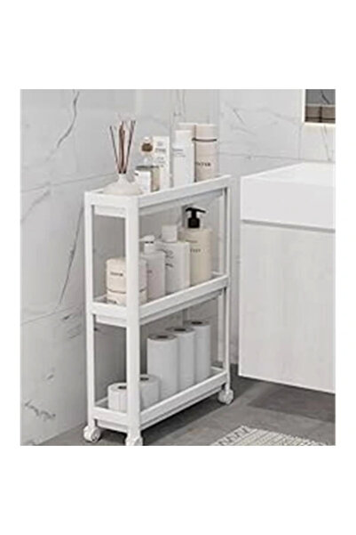 AyrStore 3 Katlı Tekerlekli Slim İnce Beyaz Banyo Mutfak Rafı