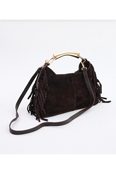 LOTUSVİE Kadın Kahverengi Hakiki Süet Püsküllü Gold Metal Saplı Omuz ve El Ça...