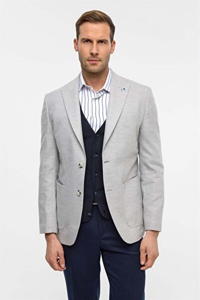 SÜVARİ Gri Slim Desenli Mono Yaka 6 Drop Ceket