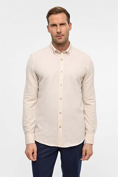 SÜVARİ Bej Slim Armürlü Düğmeli Yaka Gömlek