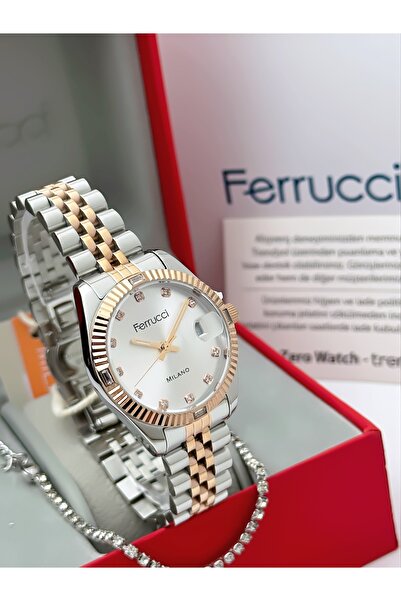 Ferrucci Steel Strap Calendar Women's Wristwatch 3 Atm Water Resistant 2 Years Warranty + Bracelet Gift