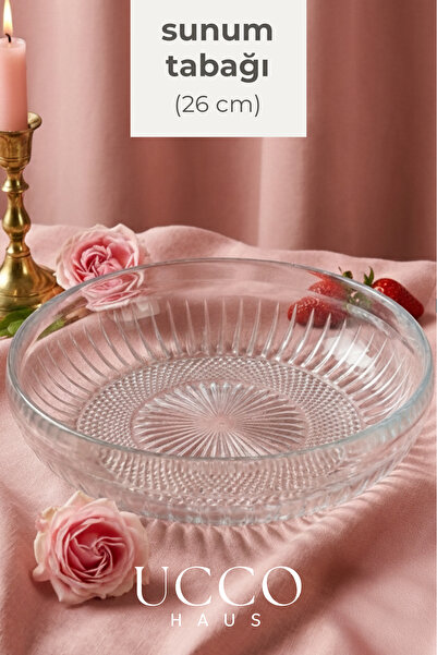 UCCO 26 cm Büyük Boy Cam Salata Servis Kasesi Lüks Sunum Tabağı - Şık Sunumlu...