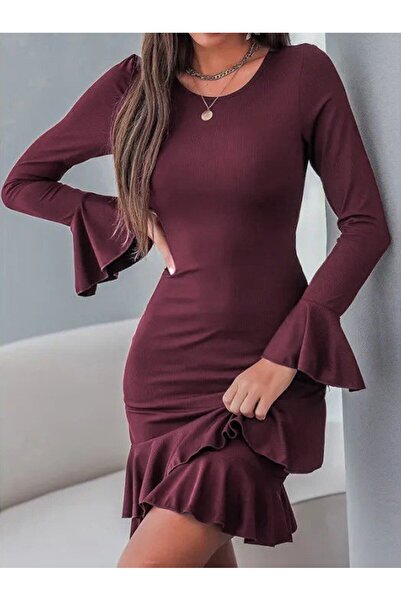 JANES Women's Long Sleeve Round Neck Ruffled Sleeve Hem Flounce Janjan Crepe Mini Dress