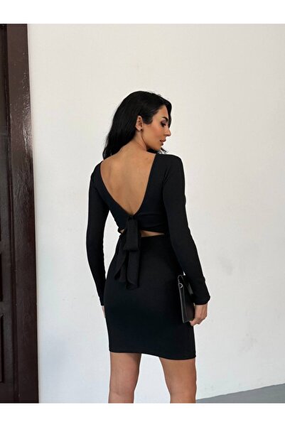 COjans فستان نسائي قصير بأكمام طويلة وفتحة ظهر وتفاصيل فيونكة