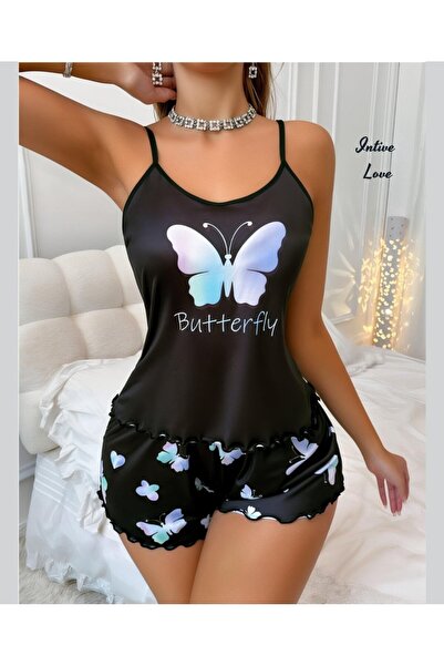 İntive Lingerie Intive Black Cute Elephant/Butterfly Patterned Bustier Set with Shorts-Pajama Set