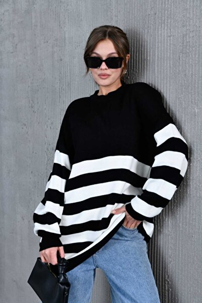 ZAVERA WOMAN Women's Striped Oversized Knitwear Sweater Tunic - 100% Cotton