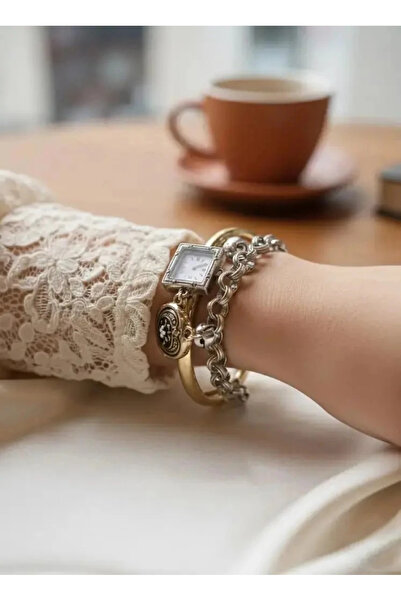 Dorvina Gold ve Gümüş Renk Saat Charmlı Tasarım Kadın Bileklik Kombini Kararm...