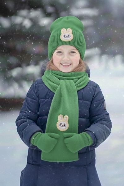 AYDINER TEKSTİL LABUBU Desenli Atkı Bere Eldiven Takımı Unisex YEŞİL (3-8 YAŞ)