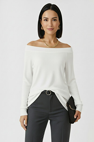 trendalisse Дамска блуза с ниска раменна линия, лодка деколте, модал, текстурирана, мека