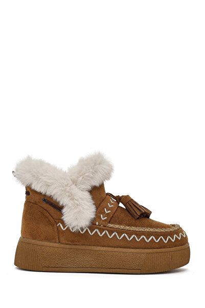 Derimod Women's Tan Thick Soled Tasseled Suede Teddy Boots 25Wfe402510