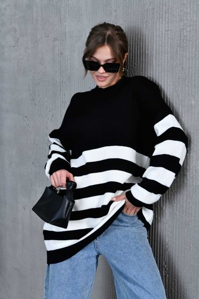 ZAVERA WOMAN Women's Striped Oversized Knitwear Sweater Tunic - 100% Cotton