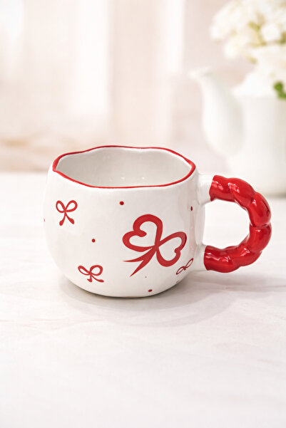 Çağ Seramik Fiyonk Desenli El Yapımı Seramik Kupa – Kırmızı Kulplu Krem Kahve...